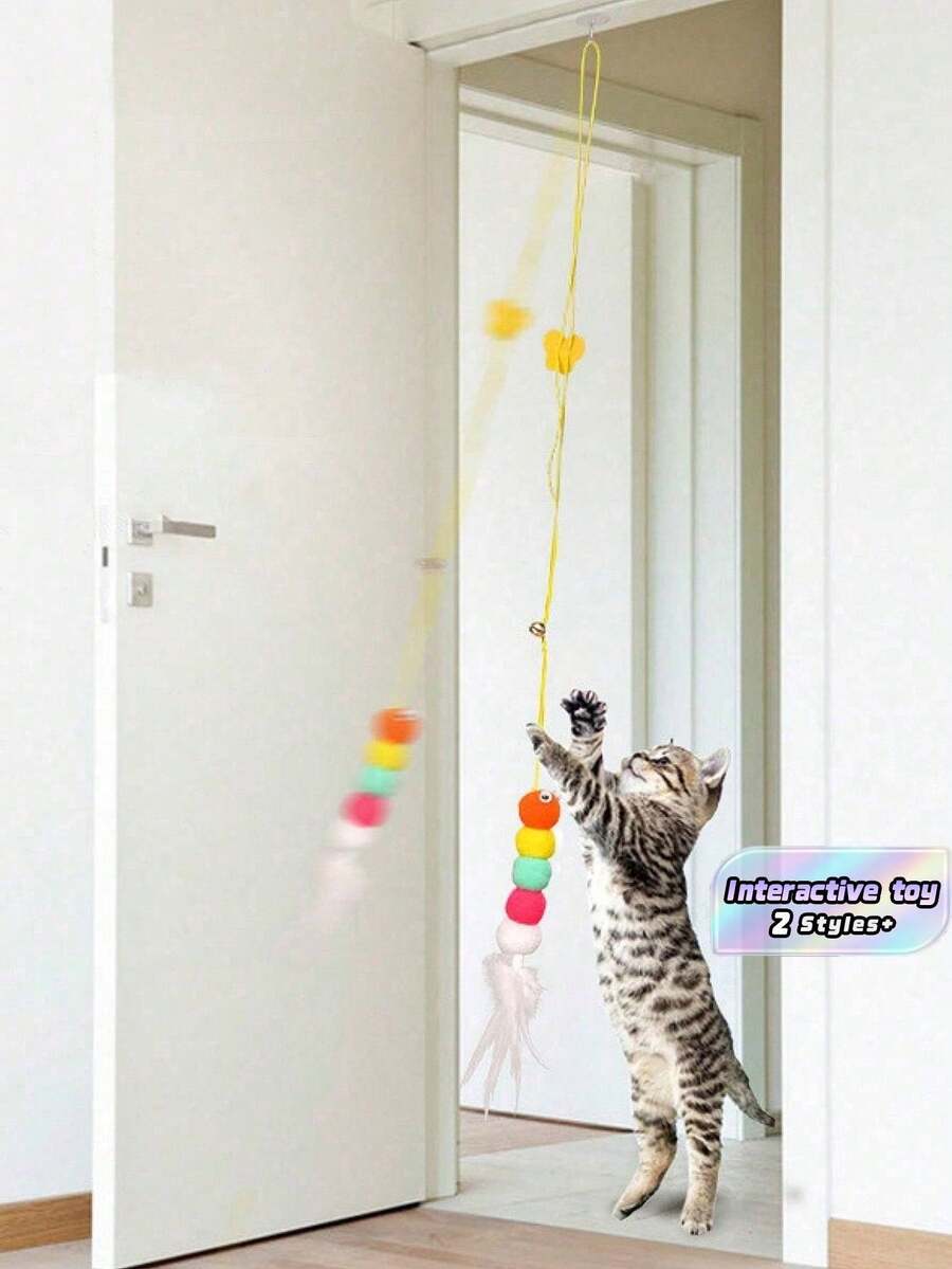 Interactive Cat Wand Toy With Elastic String, Indoor Pet Feather Teaser For Kitten Play, Essential Cat Supplies Gift