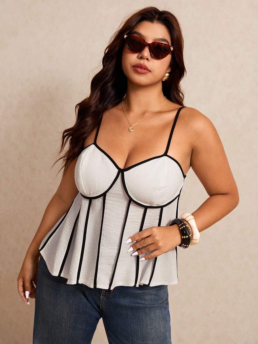 Elaquor Áo camisole xếp ly phối màu dành cho nữ cỡ lớn, kiểu dáng thường ngày, đa năng, thích hợp mặc hàng ngày. - Màu be - Xem 1