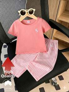 SHEIN 2件套女婴夏季时尚简约街头风白色短袖T恤（黑色刺绣装饰）搭配杏色条纹裤，适合日常上学穿着 - 粉色 - 查看 3