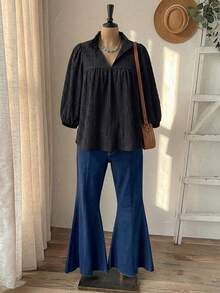 Rusticease Casual Versatile Plus Size Women's Printed Lantern Sleeve Solid Color Textured Comfortable Black Loose Blouse, Suitable For Summer, Spring Fall - Black - View 3