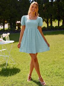 KARISMINA Women's Solid Color Square Neck Short Sleeve Elegant Dress, Spring/Summer,Dresses For Women Summer - Mint Green - View 5