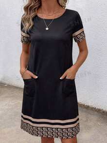 EMERY ROSE Vestido corto y mini casual y sencillo con estampado geométrico a cuadros retro, adecuado para vestido de verano elegante y casual - Negro - Ver 3