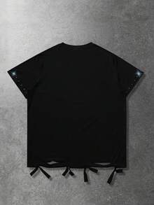 ROMWE MEN Goth Men's Street American Cross Rhinestone Distressed Hem Short Sleeve T-Shirt - Black - View 2