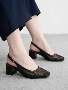 CUCCOO BIZCHIC 女士时尚高跟鞋，搭扣粗跟网纱鞋面，全球四季通勤，优雅百搭，适合节日度假、办公室户外日常穿着 - 亮黑 - 查看 4