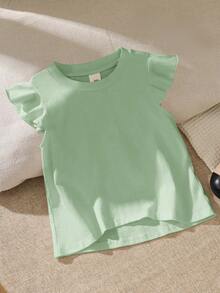 SHEIN Young Girl Solid Color Round Neck Ruffle Hem Loose Casual T-Shirt - Green - View 1