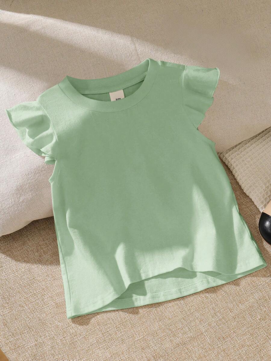 SHEIN Young Girl Solid Color Round Neck Ruffle Hem Loose Casual T-Shirt - Green - View 1