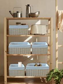 1 PC Rectangular Natural Rattan Woven Bohemian Water Gourd Shape Storage Basket With Built In Handle Handwoven Organizer For Living Room Shelf Bathroom Toilet Paper Desk Accessories Keys Cosmetics Home Decoration Small Items Home Decor Gift - Yellow - View 2