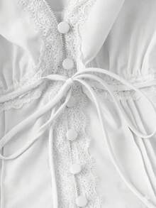 Blusa de cuello en V con volantes para vacaciones - Blanco - Ver 6