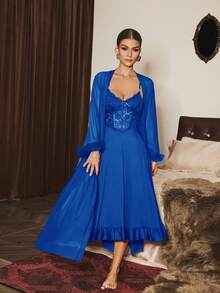 Slumberist 2pcs/Set Fishbone Design Waist Lace Camisole Nightgown + Floral Trim Wide Sleeve Mesh Robe - Royal Blue - View 7