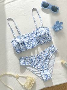 Swim Mod 花卉饰边可爱甜美复古休闲度假沙滩女式泳装套装 - 彩色 - 查看 6