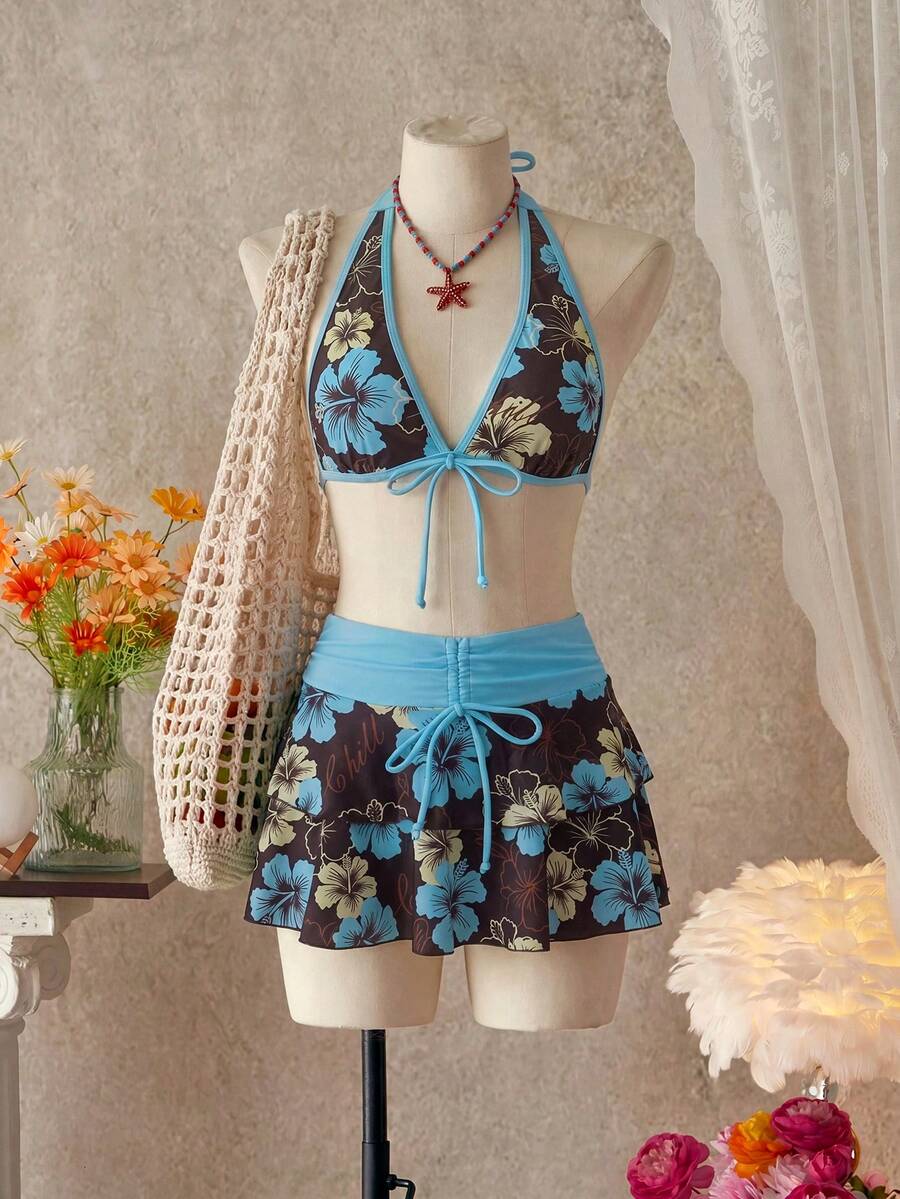 Bellisia 女士夏季沙滩音乐节碎花半身吊带休闲度假风比基尼三件套 - 彩色 - 查看 1