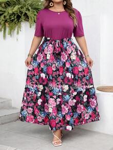 SHEIN CURVE+ Curve 尺码 US22 音乐节、海滨度假、波西米亚风夏季休闲度假印花拼接短袖连衣裙长裙 - 紫色 - 查看 3