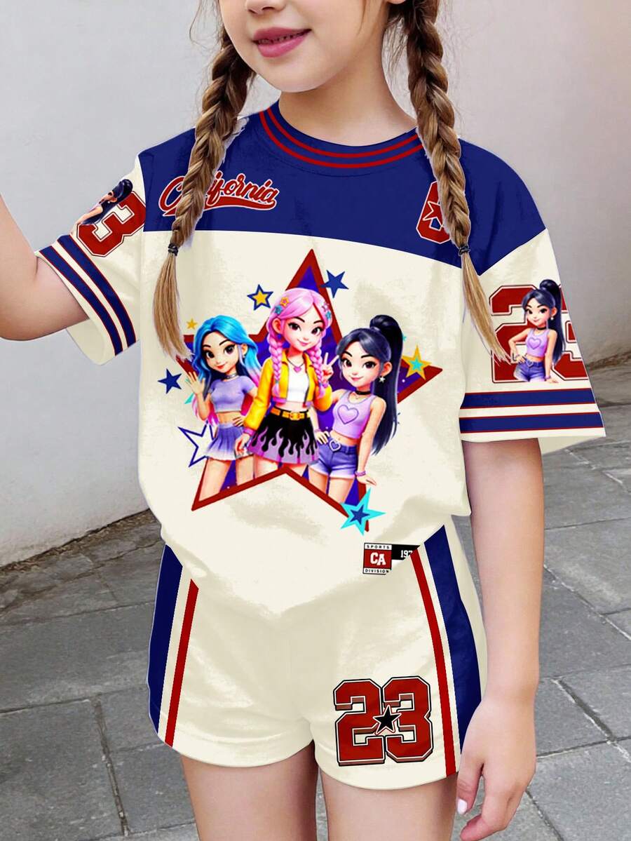 Setelan 2 Potong Baju Pendek Lengan Pendek Minimalis Kasual untuk Anak Perempuan, Motif Kartun Gadis, Warna Kontras Sporty Nomor 23, Cocok untuk Musim Panas - MultiWarna - View 1
