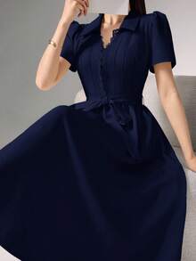 Heiryn Gaun Mini Wanita Elegan dengan Lengan Kelopak Renda Kontras dan Sabuk, Musim Panas - Navy Blue - View 6