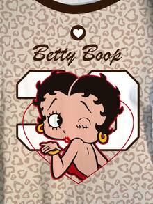 Betty Boop x SHEIN Plus Size Women's Leopard Print Colorblock Cute Round Neck Short Sleeve T-Shirt, - White - View 4