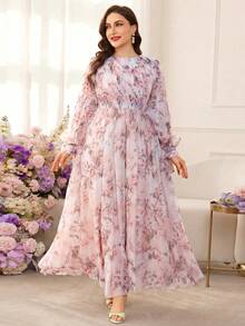 Modelyn Plus Size Women Floral Print Ruched Waist Elegant Party Dress - Baby Pink - View 4