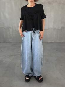 FRIFUL 女士两件套系带连衣裙，宽松圆领短袖，蝴蝶结褶皱荷叶边装饰，夏季款 - 黑色 - 查看 6