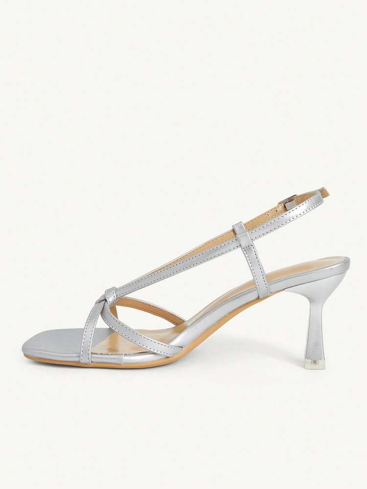 CUCCOO CHICEST Women's Shoes Cross Strap Open-Toed Square Head Stiletto Fashion Commuter Silver PU Leather Heels Sandals Dating Vacation Afternoon Tea