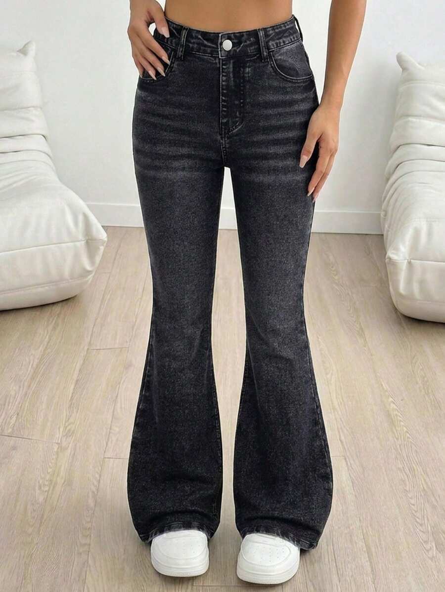 SHEIN Quần jeans ống loe co giãn, đa năng, phổ biến thời trang Y2K dành cho các cô gái tuổi teen. - màu đen - Xem 1