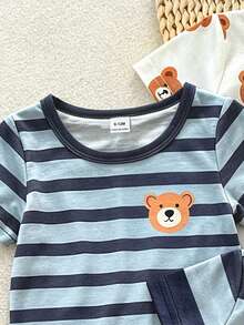 SHEIN Playful Pals Bộ đồ dệt kim 3 món họa tiết khủng long cho bé, áo thun ngắn tay, thích hợp cho mùa xuân/hè. - Nhiều màu - Xem 3