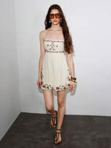 MOTF PREMIUM RESORT PRINTED FAUX LINEN SPAGHETTI STRAP MID-LENGTH DRESS, SPRING/SUMMER - Apricot - View 5