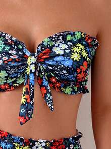 Swim Mod Conjunto de traje de baño con volantes de 2 piezas con estampado floral diminuto, de gran para la playa y el verano - Negro - Ver 4