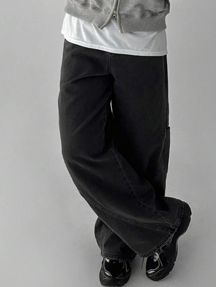 Long Distressed Dark Grey Men's Denim Jeans