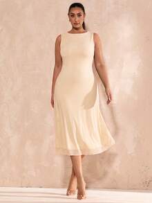 SHEIN BAE Đầm dệt kim dáng chữ A dài ngang gối màu đen lưới thanh lịch dành cho nữ cỡ lớn, phù hợp cho lễ tốt nghiệp, đám cưới, phong cách Pháp, dạ hội, tiệc sinh nhật, phù dâu, đầm mặc hàng ngày thanh lịch tối giản, đầm cưới, đầm phù dâu, đầm dự tiệc cocktail. - Màu be - Xem 3