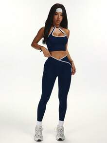 SHEIN Dewbera Bộ đồ tập yoga liền mạch dành cho nữ - Màu xanh hải quân - Xem 7