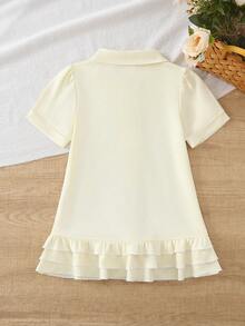 SHEIN Playful Pals 女嬰彩虹印花泡泡袖POLO領荷葉邊下擺黃色洋裝 可愛夏季返校粉黃色休閒短袖 - 黃色 - 查看 3