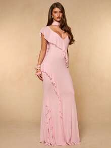 SHEIN BAE Women's Summer Solid Pink Spaghetti Strap Deep V-Neck Ruffle Hem Mermaid Hem Elegant Dress, Suitable For Vacation, Date, Music Festival, Birthday, Brunch, Bridesmaid, Wedding Guest, Backless Dress, Pink Dress - Baby Pink - View 4