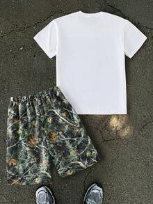 SHEIN Coolqubz Tween Boy Letter & Character Print Short Sleeve T-Shirt And Shorts Casual Set - Multicolor - View 2