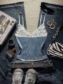 Glimmora Women's Summer Casual Commuting Contrast Lace Slim Fit Denim Camisole - Multicolor - View 2