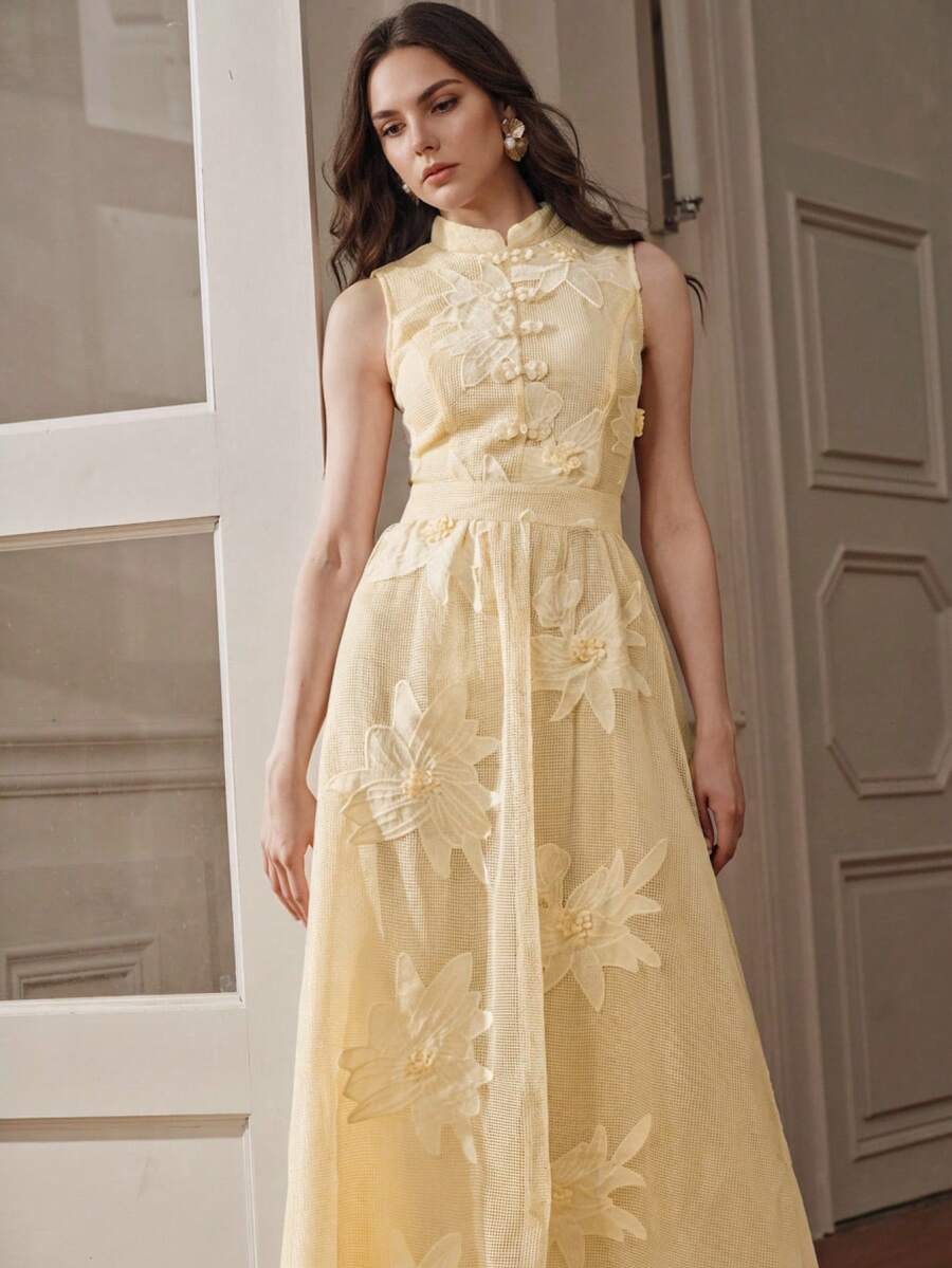 Anewsta Đầm sườn xám màu vàng cổ đứng thêu ren, eo xếp ly, kiểu dáng cải tiến dành cho nữ, thích hợp cho mùa xuân/hè. - Màu vàng - Xem 1