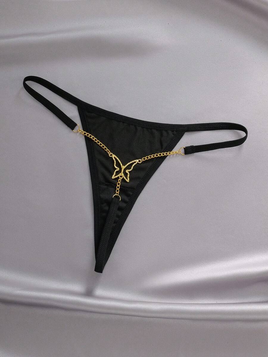 EmpressEnvy Butterfly Decor Chain Linked Sexy G-String - Black - View 1