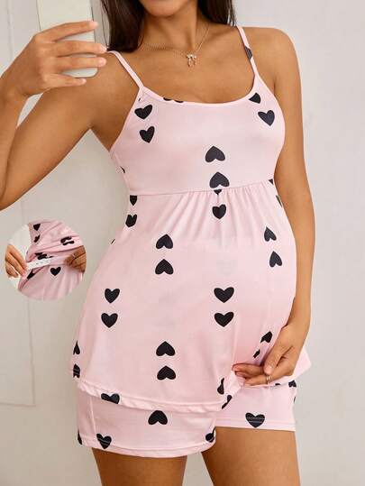 Moonlight&Mama Moonlight & Mama Pink Basic Casual Fashion Comfortable Black Heart Print Adjustable Elastic Camisole And Shorts Pajama Set For Pregnant Women