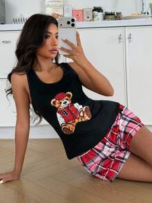 ZzzCrew Bộ áo vest kẻ caro tương phản, đồ mặc nhà thể thao hình gấu bóng chày - Đỏ - Xem 6