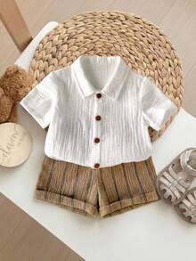 2pcs Newborn Baby Boy Black And White Striped,Summer,Casual,Family Matching Solid Color Shirt And Shorts Set For Wedding Party,Baby Shower,Pageboy - Coffee Brown - View 3