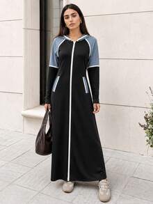 Solavon Women's Casual Contrast Piping Slant Pocket Zipper Front Hooded Arabian Modest Long Sleeve Dress Sporty Dresshooded Dress Black - Black - View 6