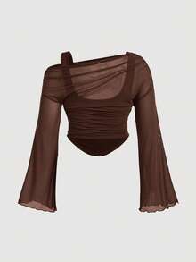 SHEIN MOD Plus Size Asymmetric 2 In 1 One-Shoulder Sheer Mesh Knit T-Shirt Fall - Brown - View 2