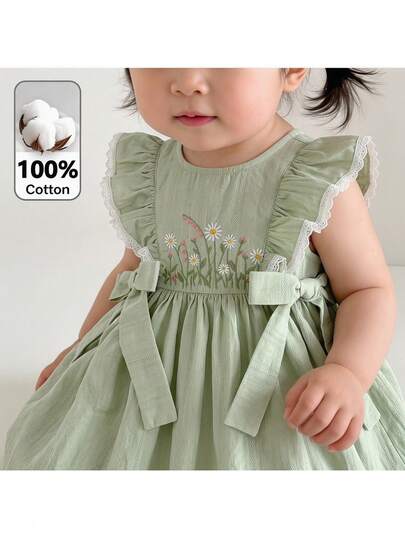 Loomiva Vestido de niña con cuello redondo, manga corta, estampado floral y volantes en la cintura