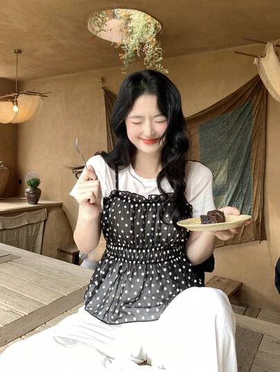 DAZY Women's Solid Color Dotted Short Sleeve Shirt With Camisole, 2-Piece Set, Korean Style
