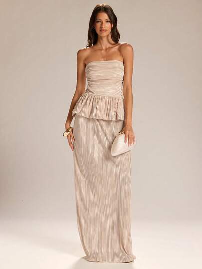 SHEIN BAE Apricot Color Ruched Flounce Hem Tube Top & Maxi Dress Set, Vintage Elegant Resort & Party Gown