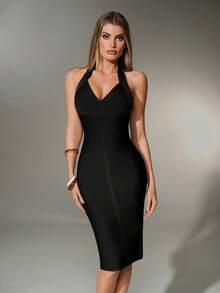 Nuvra Charming Vacation Flattering Curve Halter Deep V-Neck Cinched Waist Bodycon Solid Color Knit Party Cocktail Dress - Black - View 5