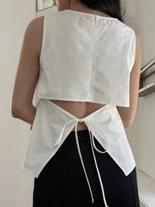 DAZY Women's Minimalist Versatile Tie Back Round Neck Blouse - White - View 4