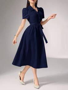 Heiryn Gaun Mini Wanita Elegan dengan Lengan Kelopak Renda Kontras dan Sabuk, Musim Panas - Navy Blue - View 4
