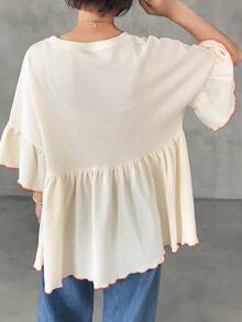 FRIFUL Camiseta feminina casual de verão, modelagem solta, gola redonda e barra com babados. - Damasco - Ver 2