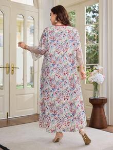Al Najma Plus Size Women's Loose Arabic Style Midi Dress, 3/4 Sleeve With Chiffon Cuff Splice, Suitable For Summer Everyday Wear - Multicolor - View 2