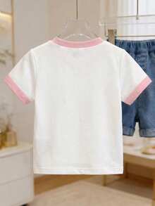 SHEIN Playful Pals 女嬰蝴蝶與花卉印花圓領白色短袖T恤可愛休閒夏季畢業季套頭上衣適用6個月-3歲 - 彩色 - 查看 2