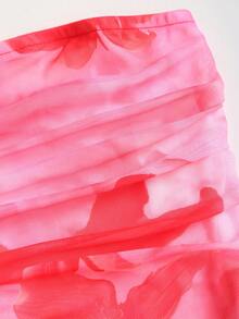 Sweetra Women's Floral Print Ruched Bandeau Dress, Vacation Style - Rose Red - View 5